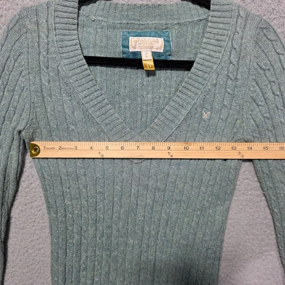 American Eagle Vintage Y2K Cable Knit Wool Blend V Neck Green Sweater‎ Small 90s